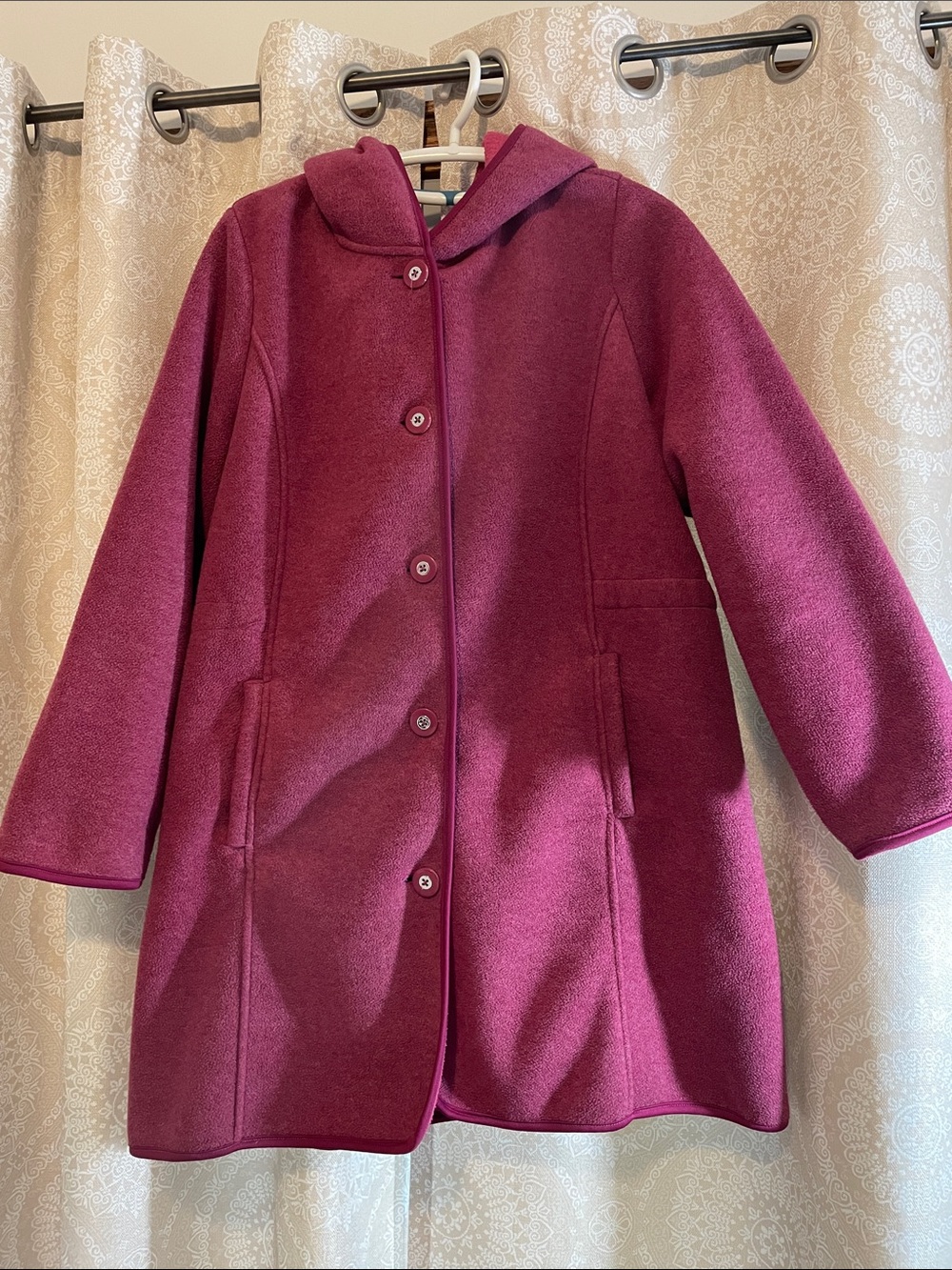 Women’s Large Hooded Button Coat in Deep Berry.